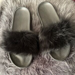 UGG Black Faux Fur Slide Sandals